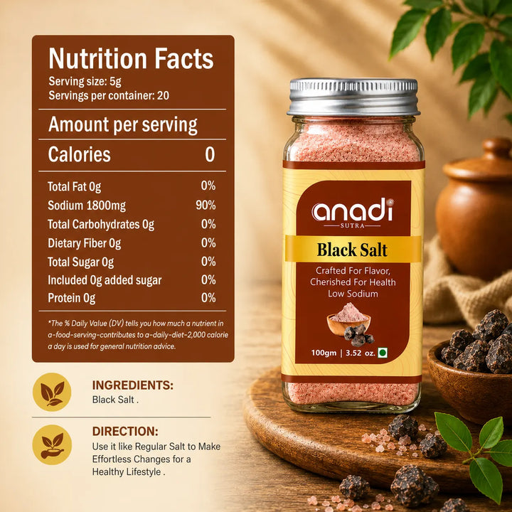 Black Salt seasoning in glass jar with red label, 100 g net weight by anadi