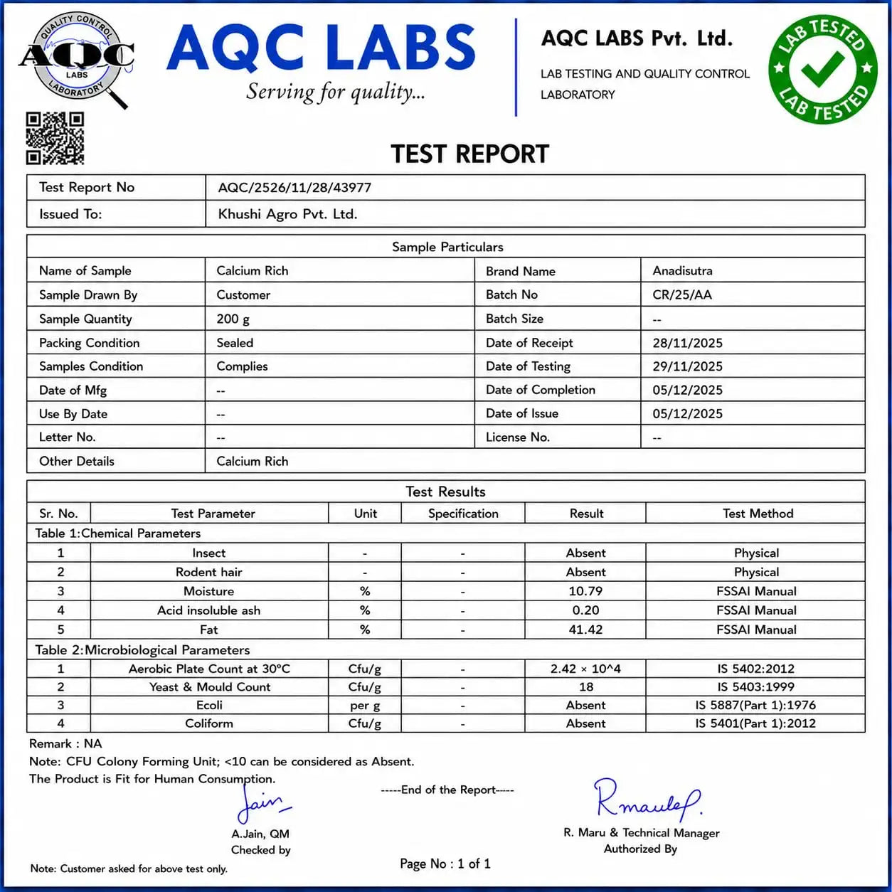Quality test report document labeled AQCS L? and sample Calcium Rich, brand Anadi Sura