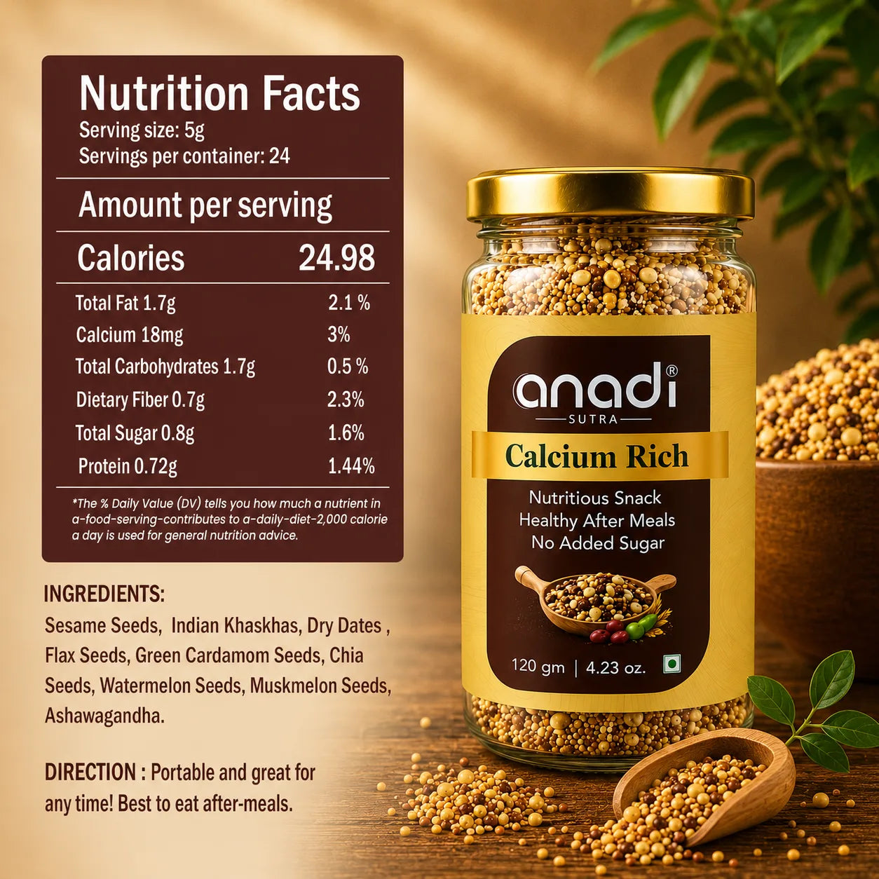 Gold-lid glass jar labeled Calcium Rich, 120 g; no added sugar snack mix.