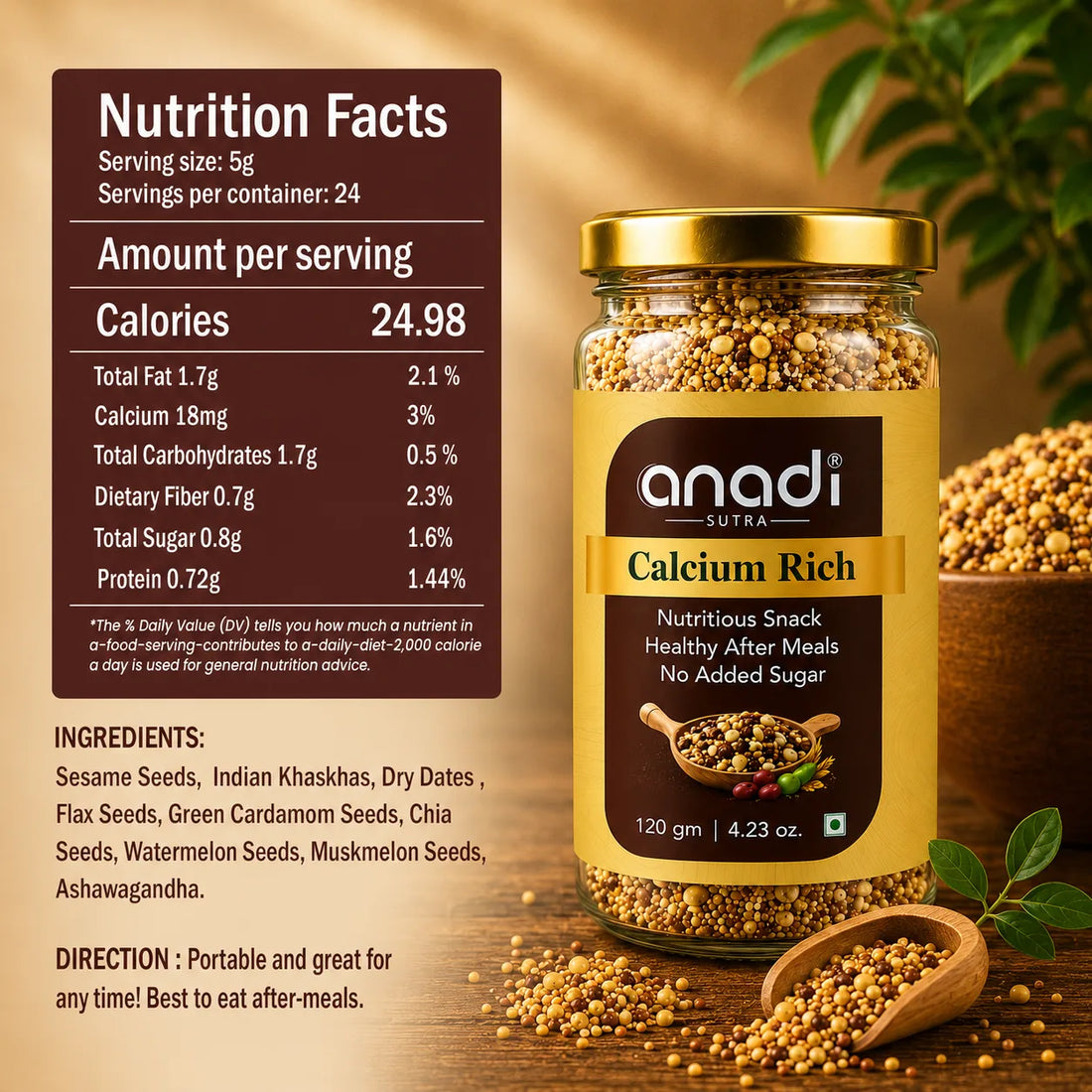 Gold-lid glass jar labeled Calcium Rich, 120 g; no added sugar snack mix.