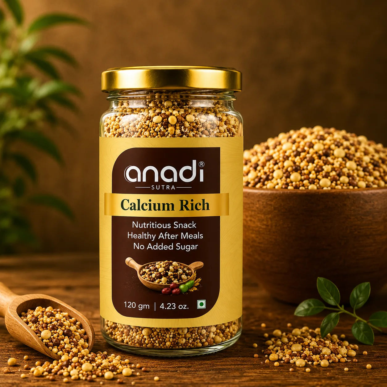 Close-up of Anadi Sura Calcium Rich glass jar with label and grains on wooden surface