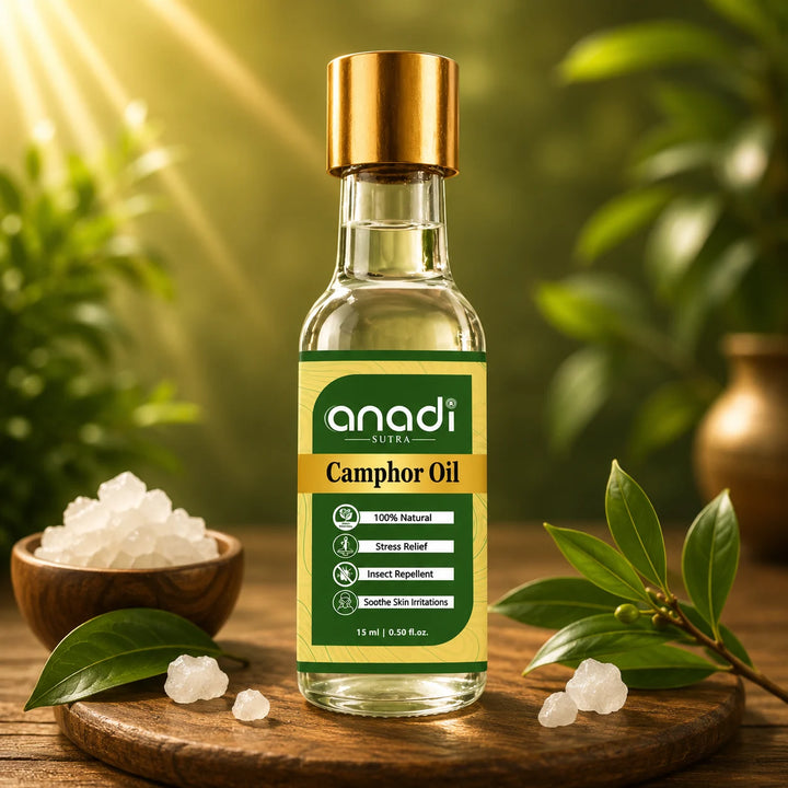 Camphor oil bottle with gold cap, clear glass and green label, with white crystals