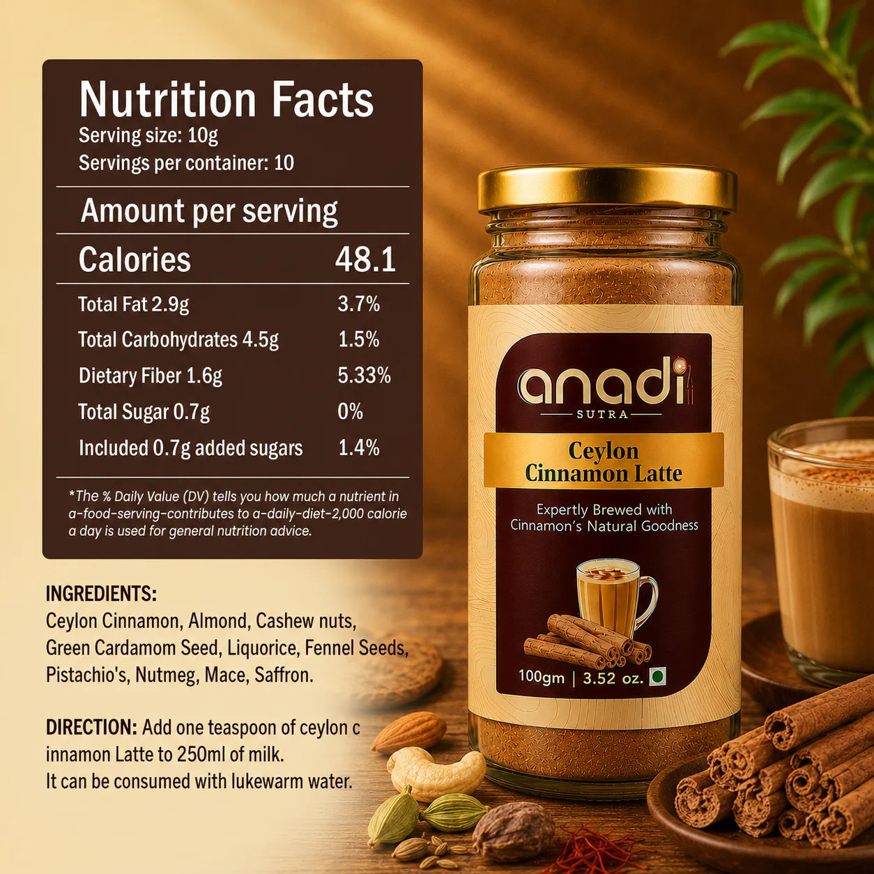 Ceylon Cinnamon Latte spice mix in glass jar with gold lid, 100 g