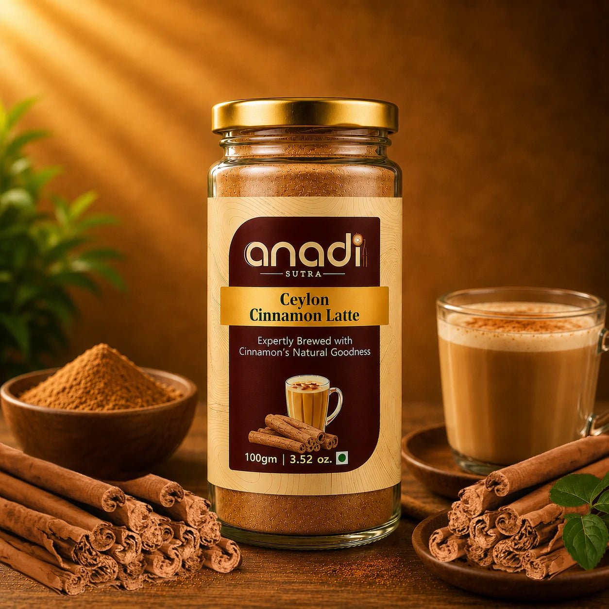 anadi Ceylon Cinnamon Latte 100 g jar with latte and cinnamon sticks