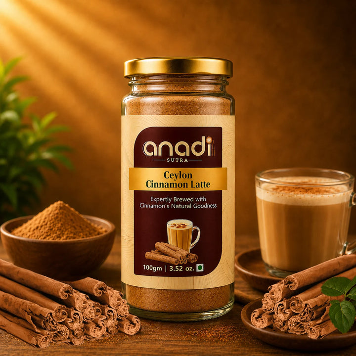anadi Ceylon Cinnamon Latte 100 g jar with latte and cinnamon sticks