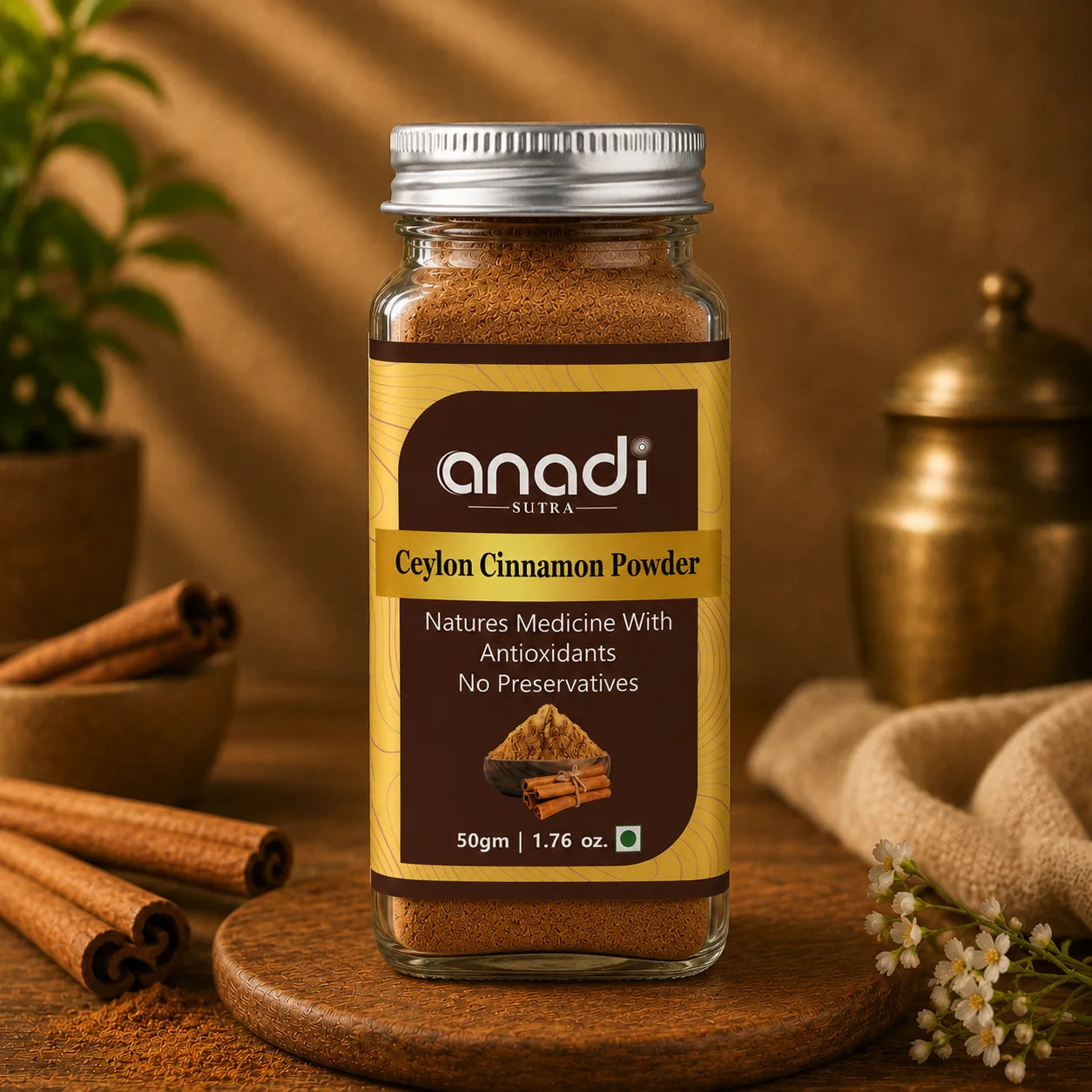 Ceylon cinnamon powder jar with brown spice, 50 g, anadi SUTRA label