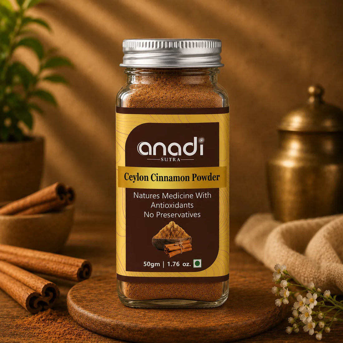 Ceylon cinnamon powder jar with brown spice, 50 g, anadi SUTRA label