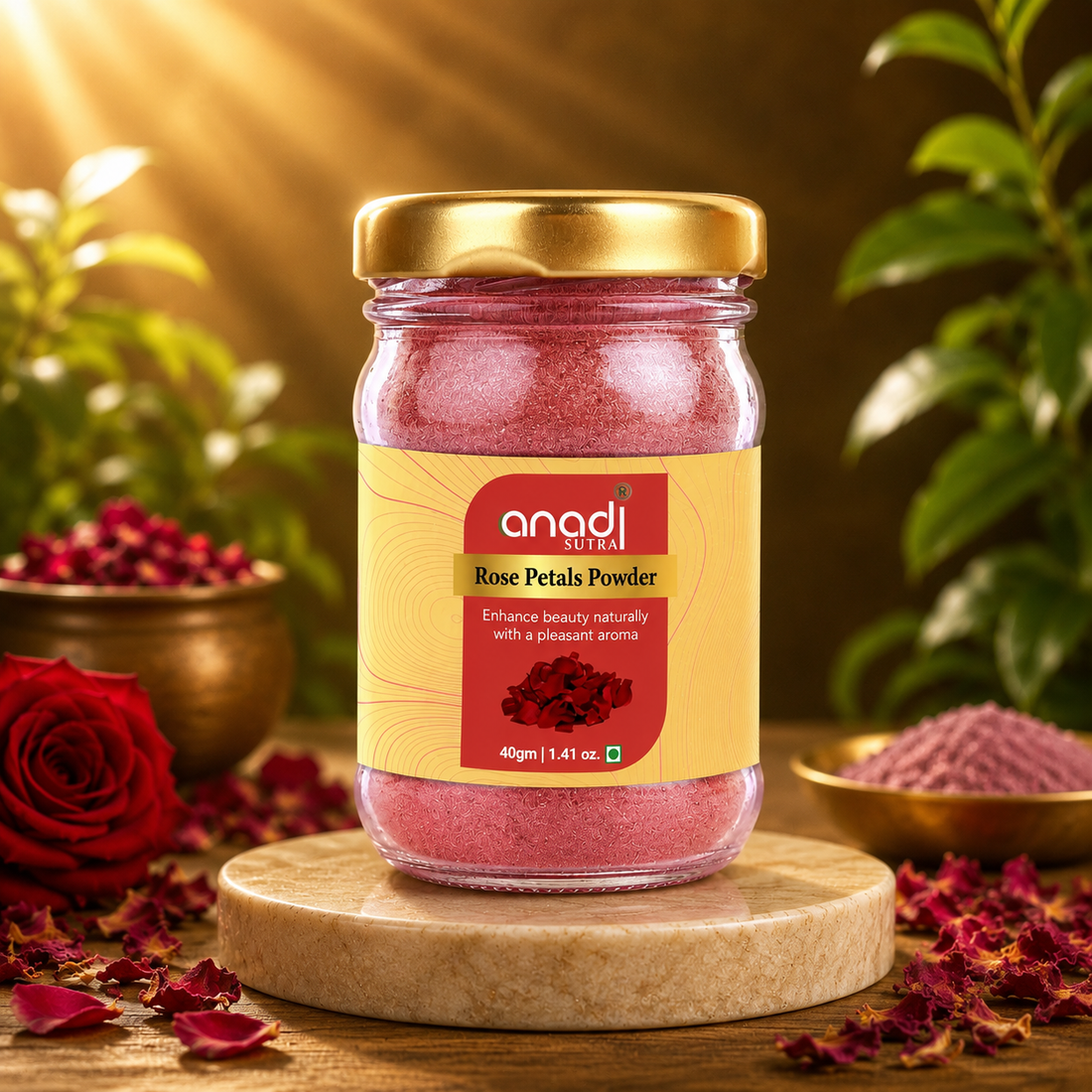 Rose petal powder jar with gold lid and pink granules, 40 gm glass container