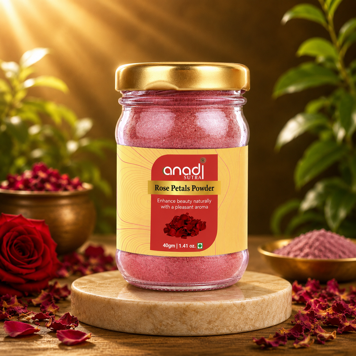 Rose petal powder jar with gold lid and pink granules, 40 gm glass container