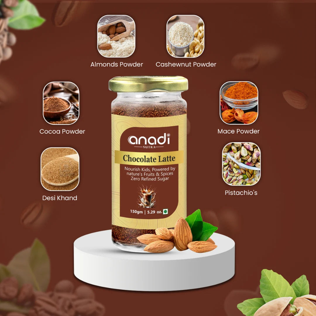 Chocolate Latte 150 gm | Caffeine Free Vedic Blend | Milk Masala | Superior Quality Spices, Mamra Almonds | Goodness of Muscovado