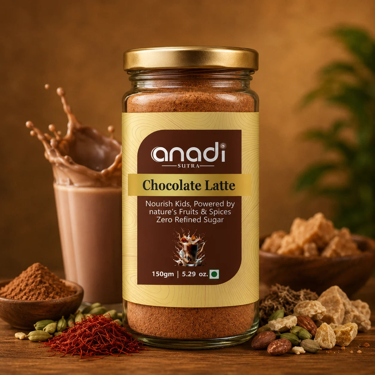 Chocolate latte powder in glass jar, labeled anadi sutra, 150 g