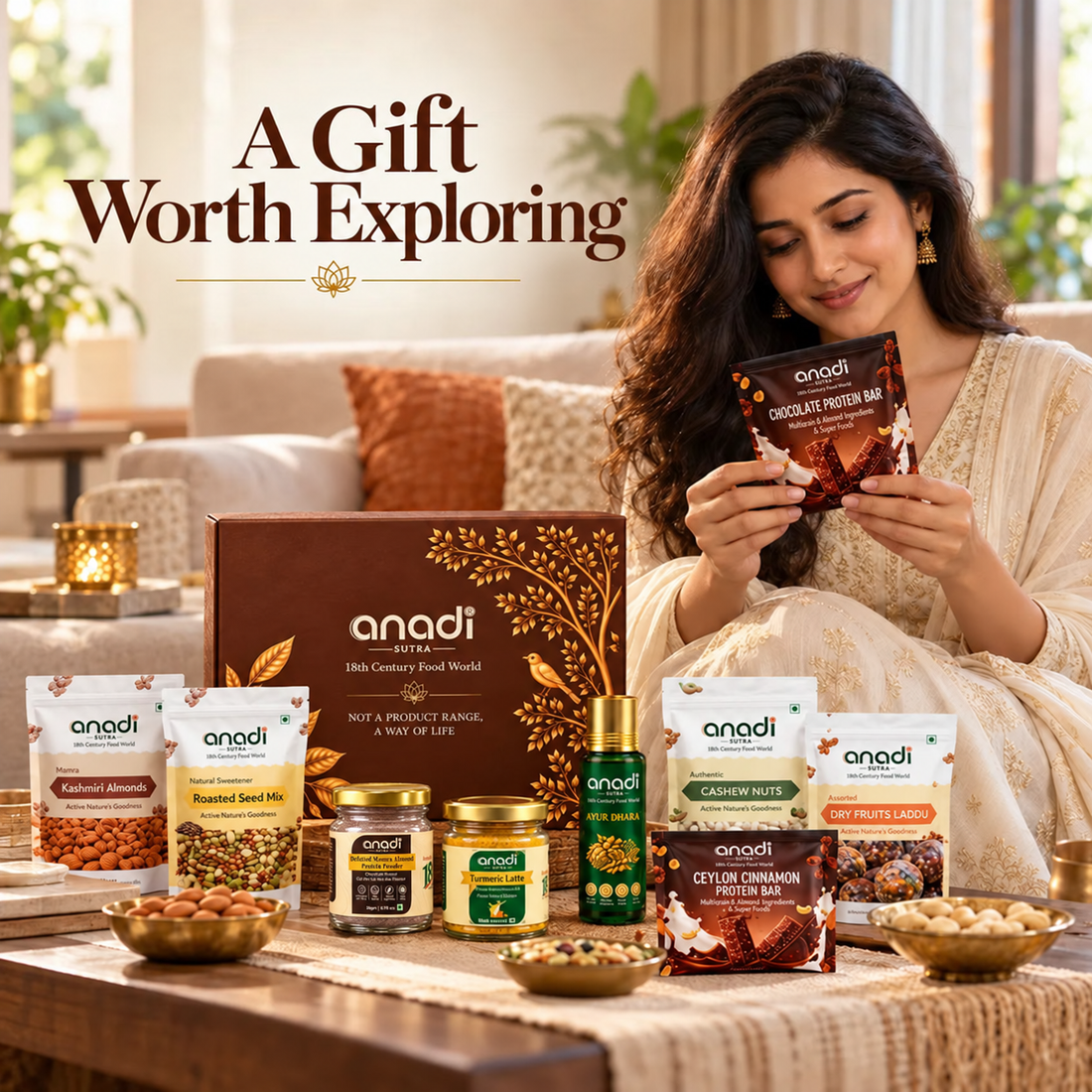 Anadi Sutra Diwali gift hamper with assorted snacks in branded box