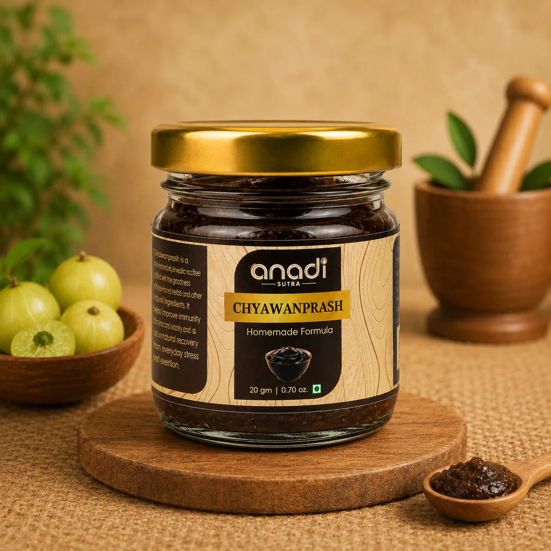 anadi Chyawanprash homemade formula jar with gold lid, 20 g weight