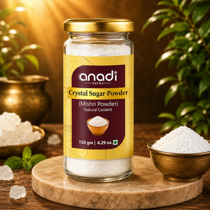 anadi Crystal Sugar Powder jar, 150 gm, white powder with screw-top lid