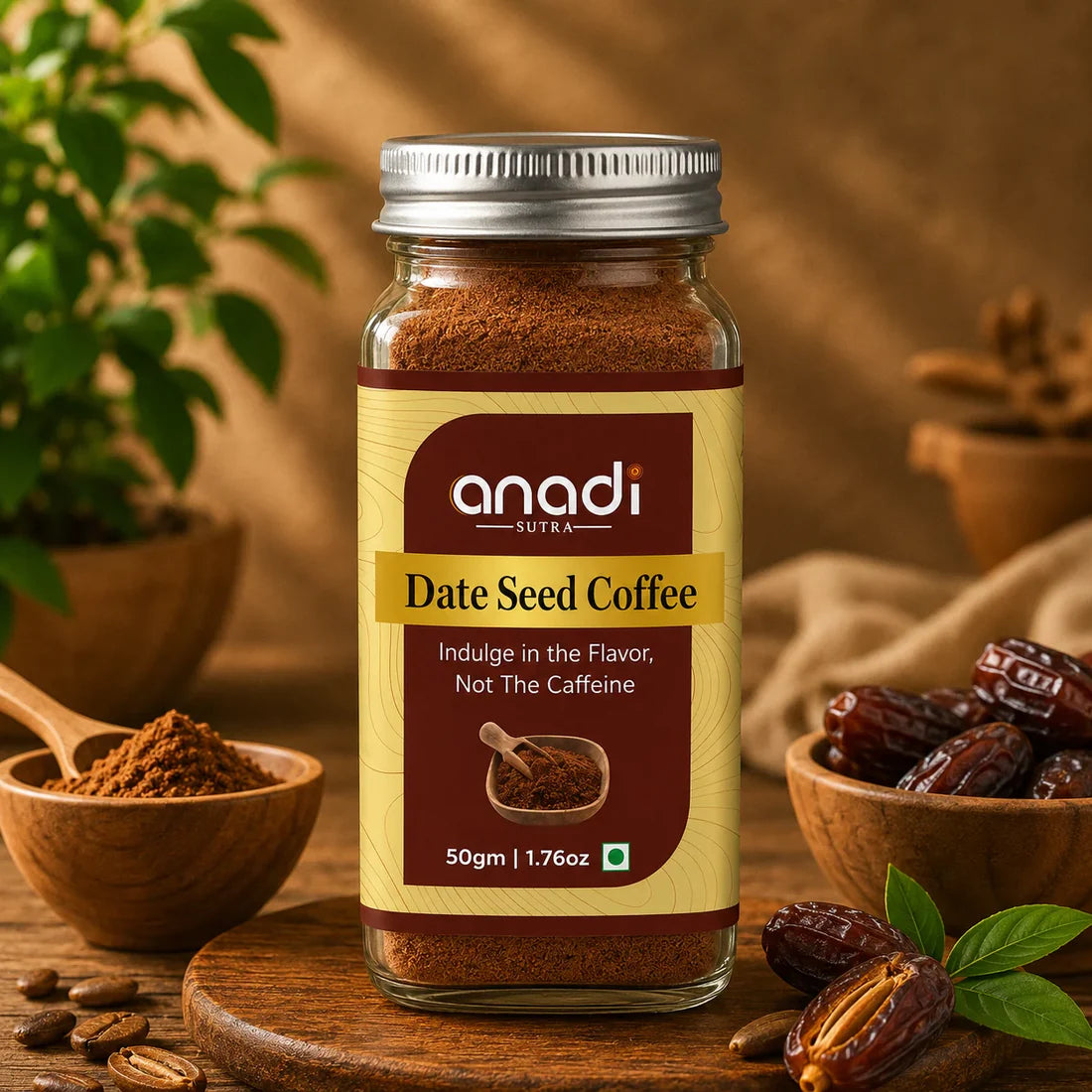 anadi Date Seed Coffee jar with Date Seed Coffee label, 50g