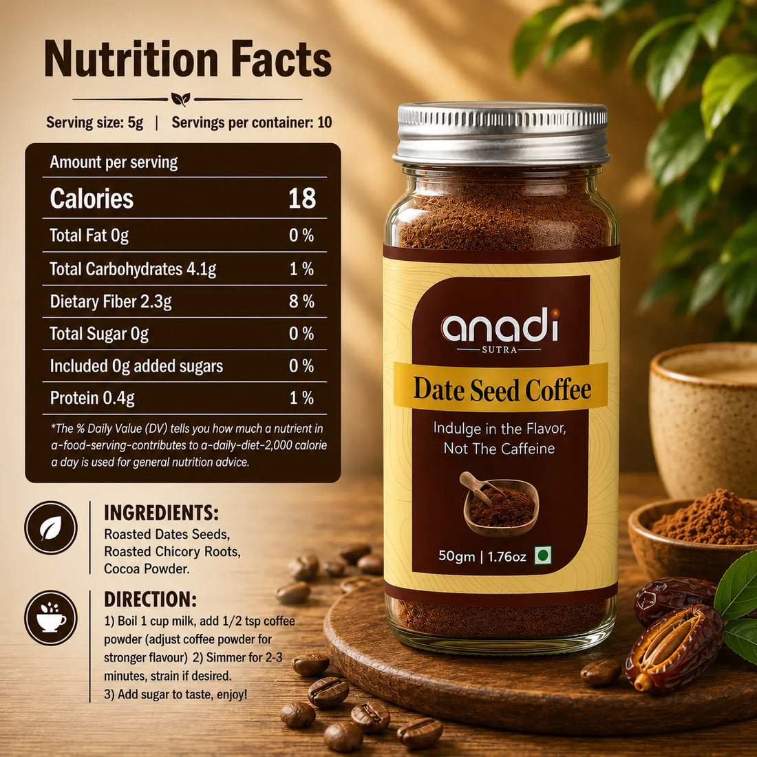 Glass jar of date seed coffee, 50 g, with label and coffee bean illustration