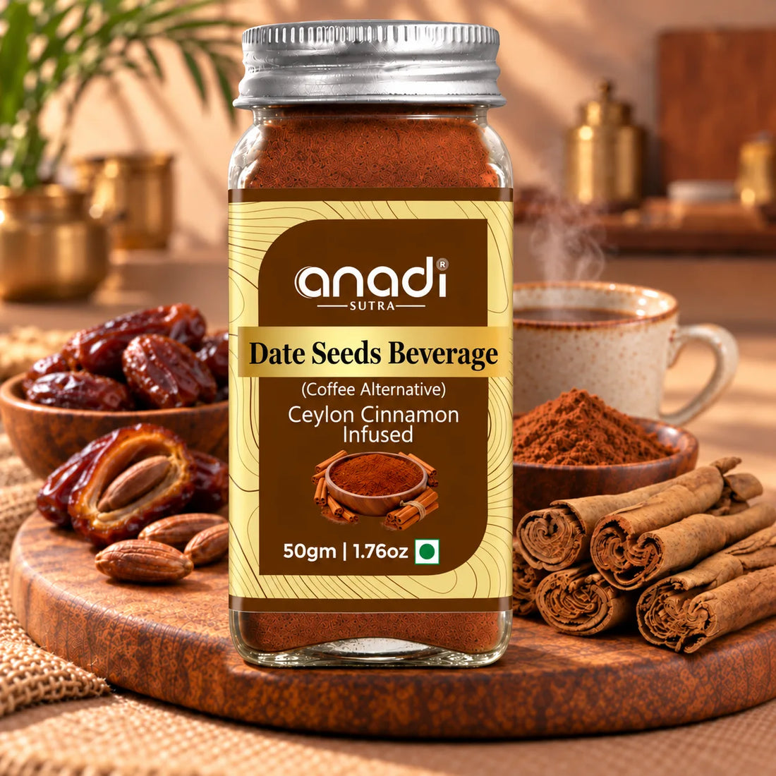 Cinnamon-infused date seed coffee in glass jar with beige gold label