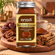 Cinnamon-infused date seed coffee in glass jar with beige gold label