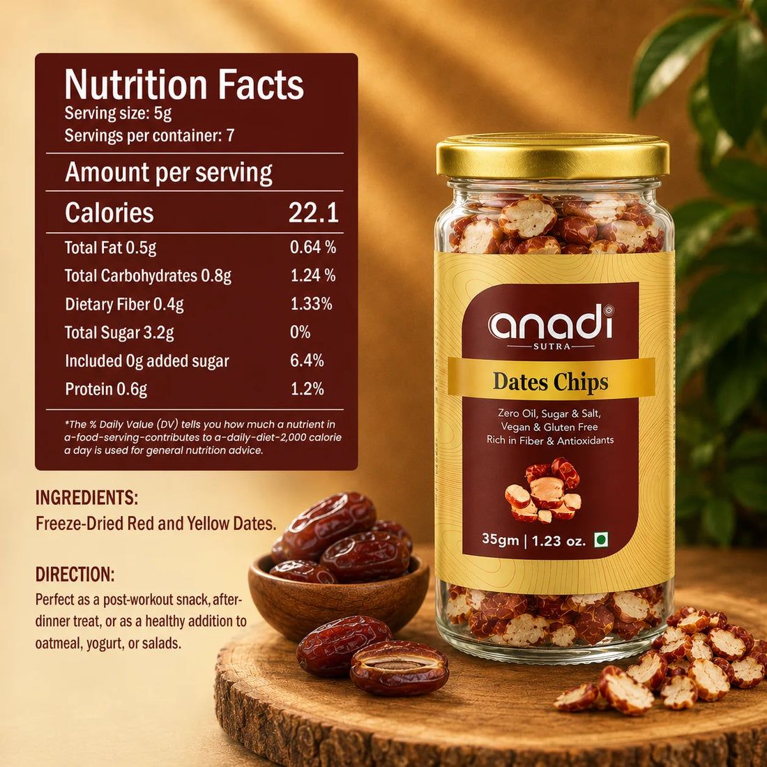 Dates chips jar, 35 g, with sliced date pieces and gold lid