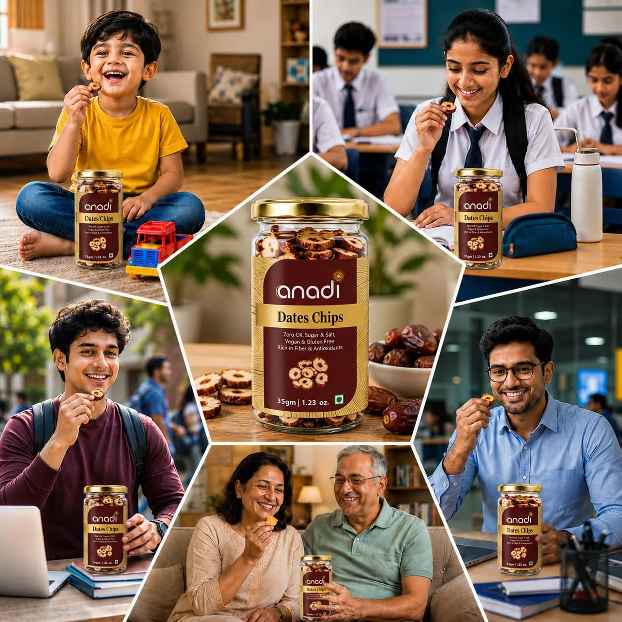 Dates Chips jar shown with people eating snacks, anadi product in a glass jar
