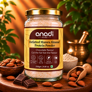 Defatted mamra almond protein powder jar, chocolate flavour, gold lid