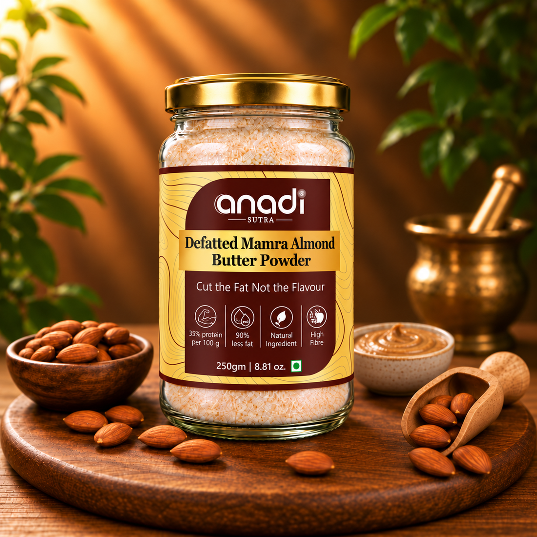 Jar of defatted mamra almond butter powder, 250g glass bottle with metal lid