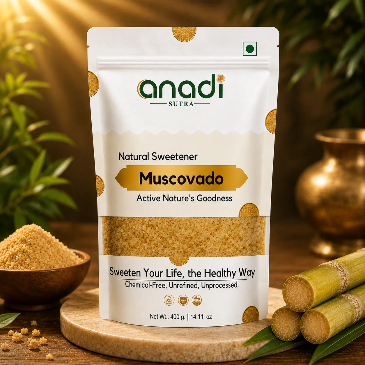 Muscovado sugar pouch with resealable top and label