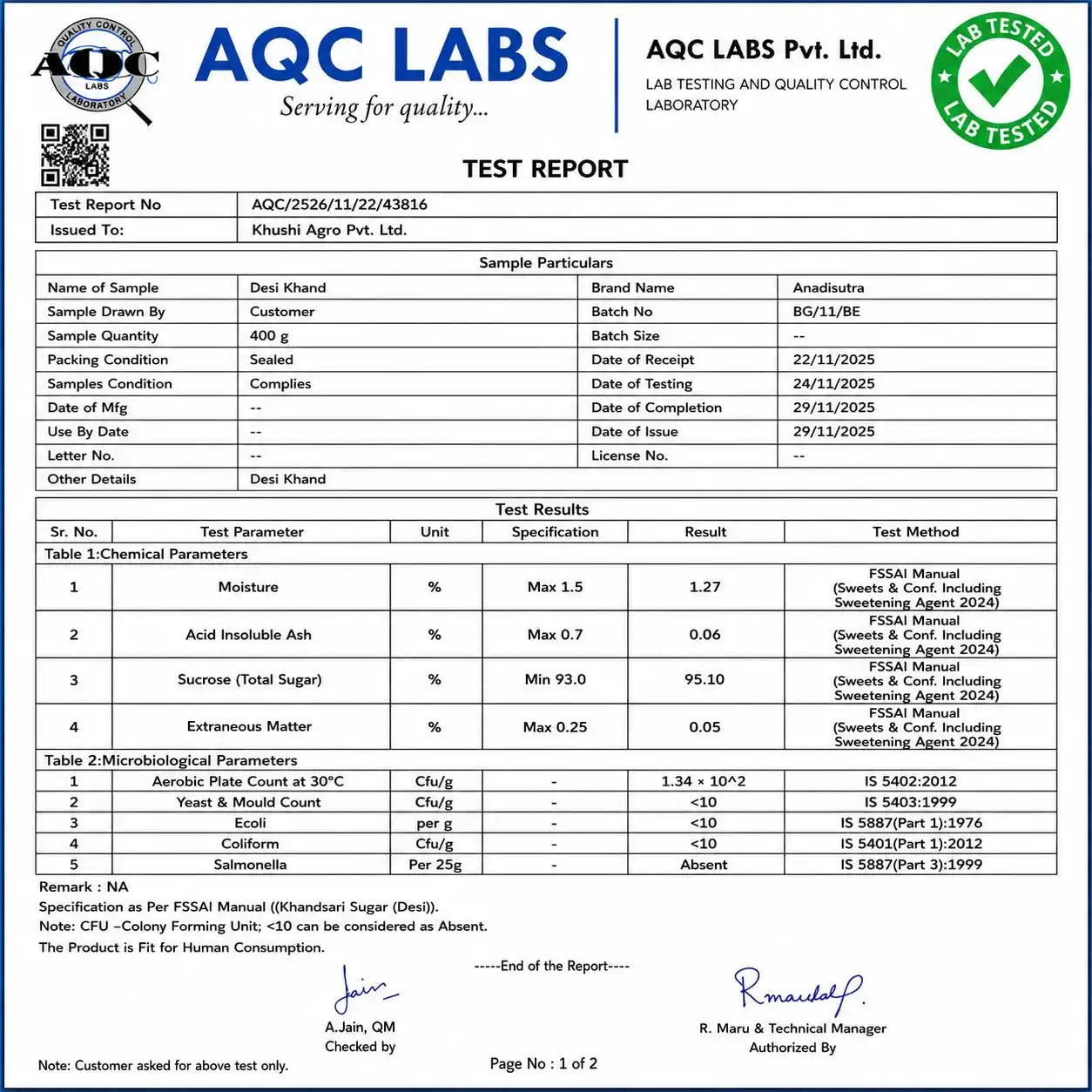 Desi Khand test report document with tabular results and issue details
