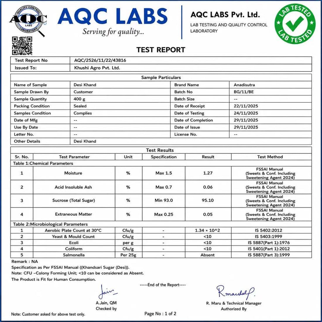 Desi Khand test report document with tabular results and issue details