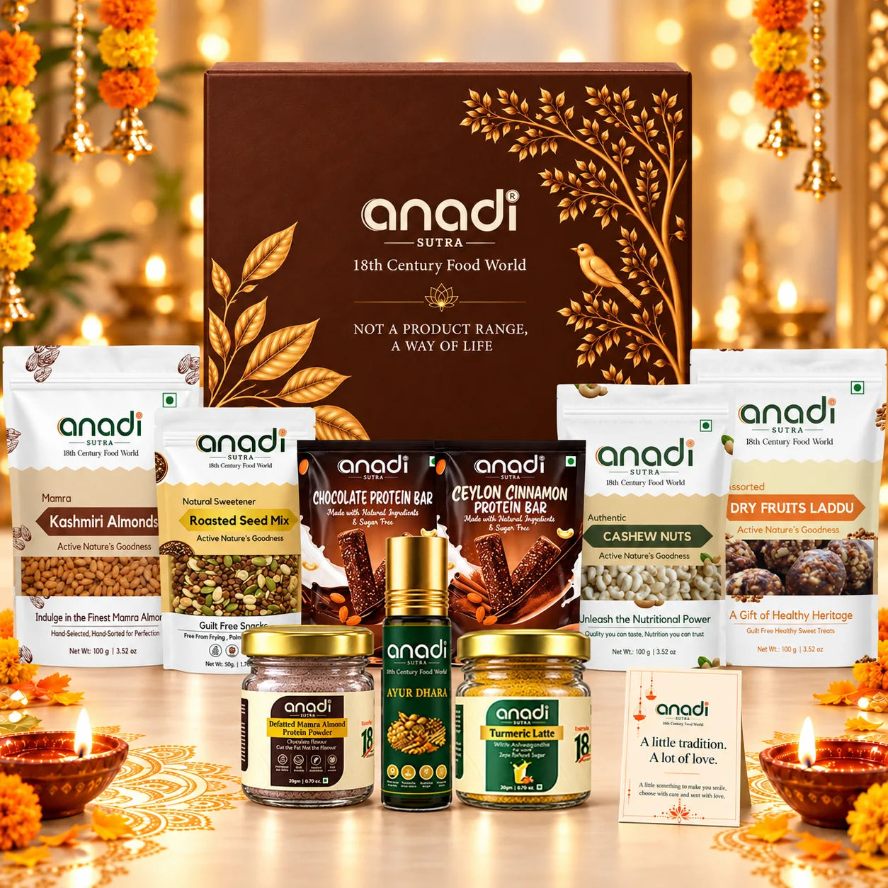 Brown Anadi Sutra Diwali gift hamper box with snack packets and golden jars