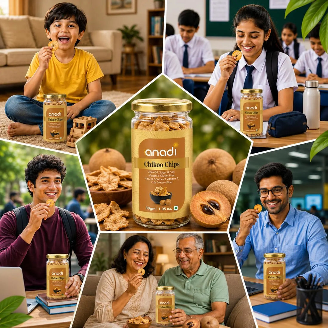 anadi Sutra Chikoo Chips glass jar, 30 g, shown with snack bowls and chips