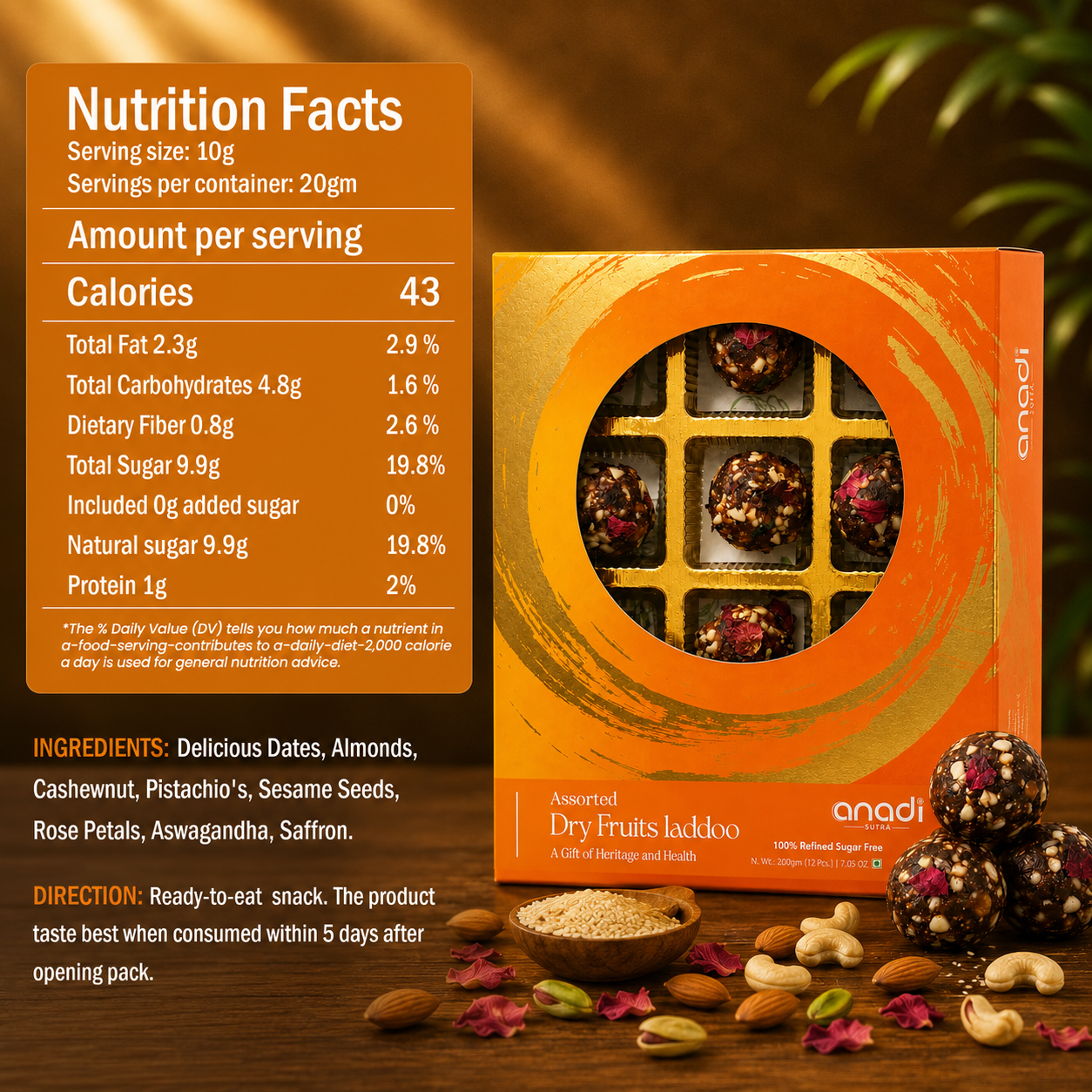 Dry fruits ladoo gift box, orange with window showing assorted ladoo balls