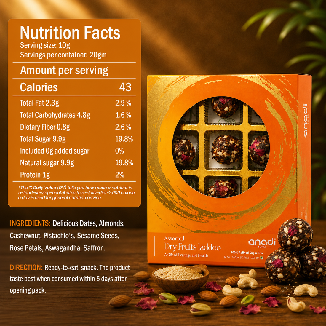 Dry fruits ladoo gift box, orange with window showing assorted ladoo balls