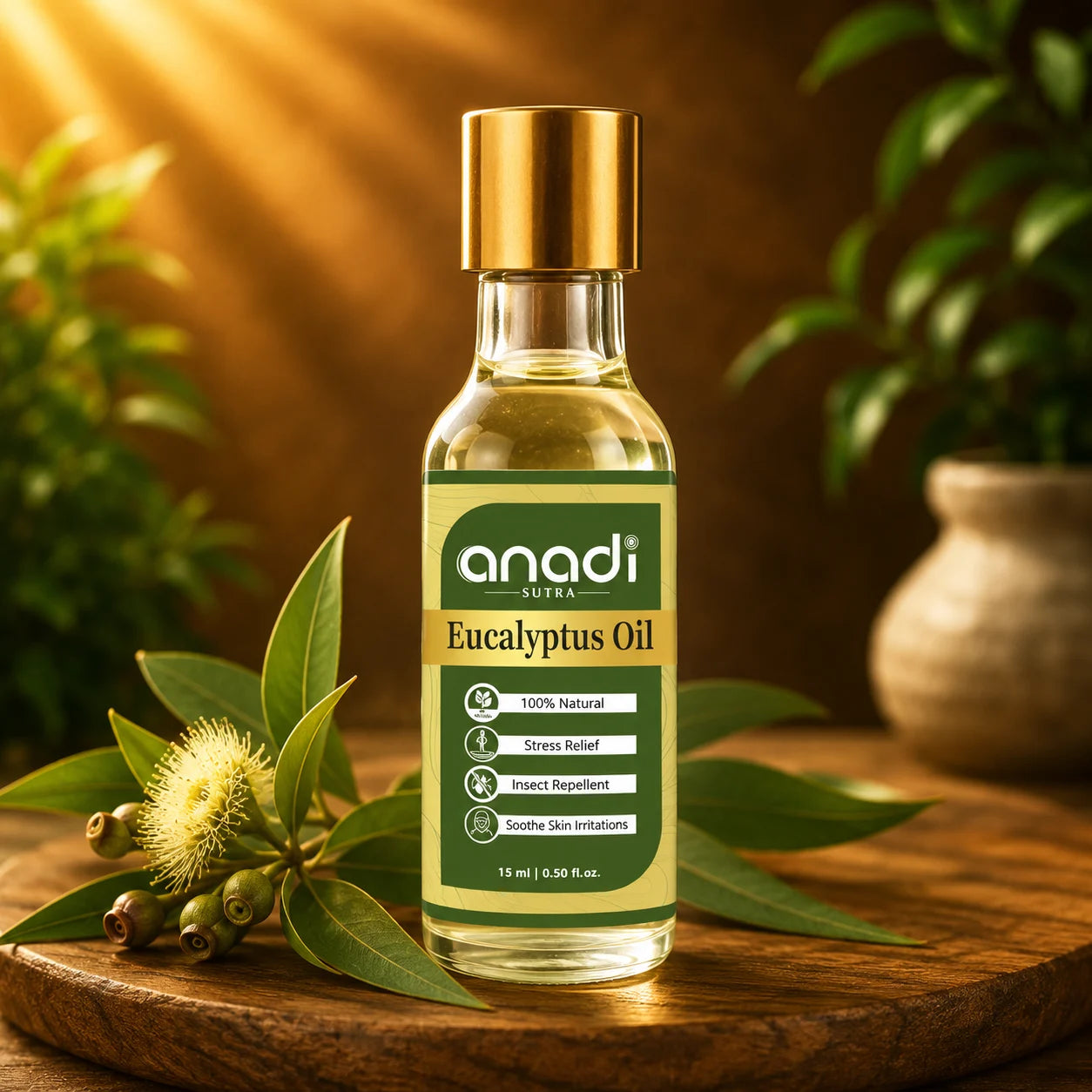 Eucalyptus oil bottle with gold cap and anadi sutra label, 15 ml