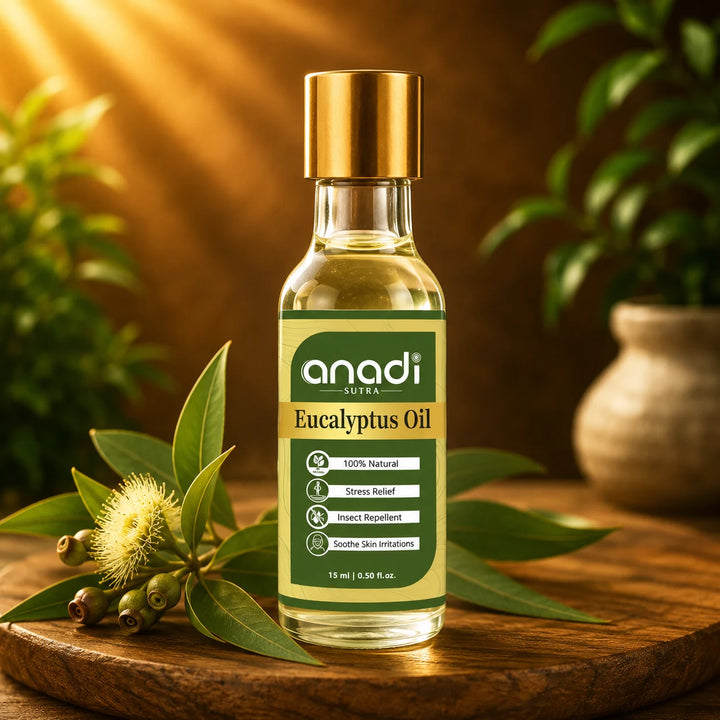 Eucalyptus oil bottle with gold cap and anadi sutra label, 15 ml