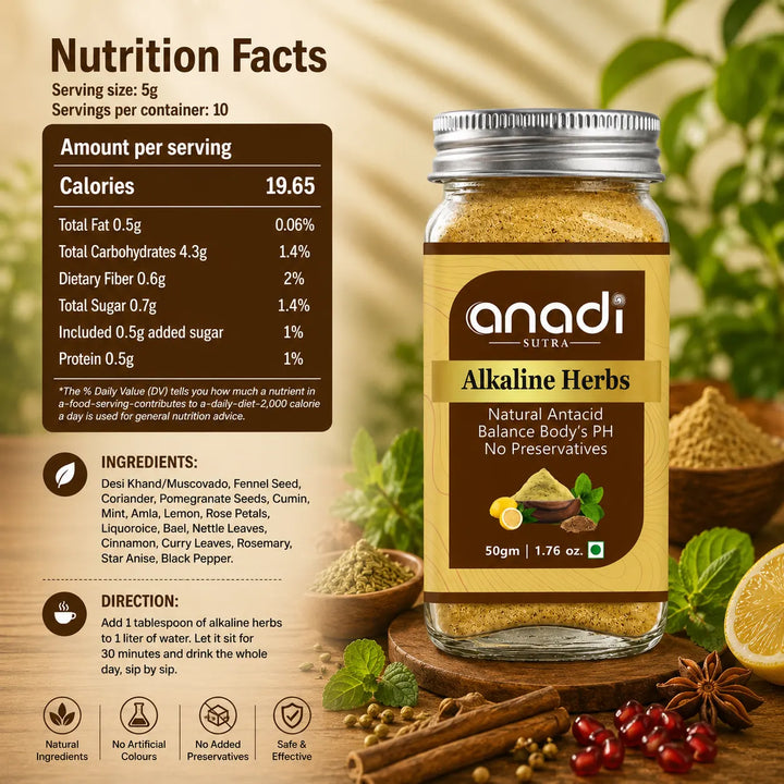 Alkaline herb supplement jar with anadi ultra label, 50 g glass canister