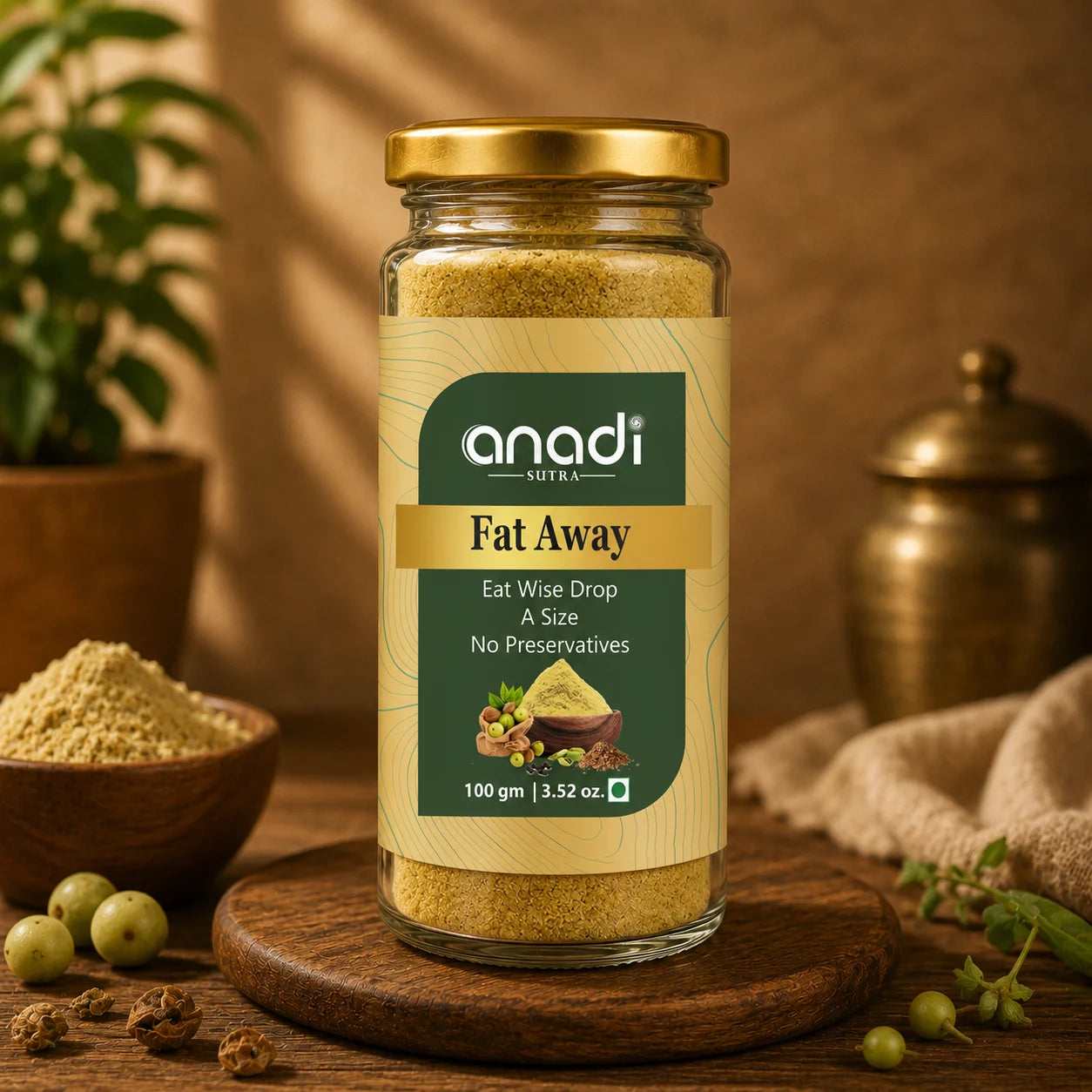 Fat Away 100 g jar with anadi label, gold lid and green front label.