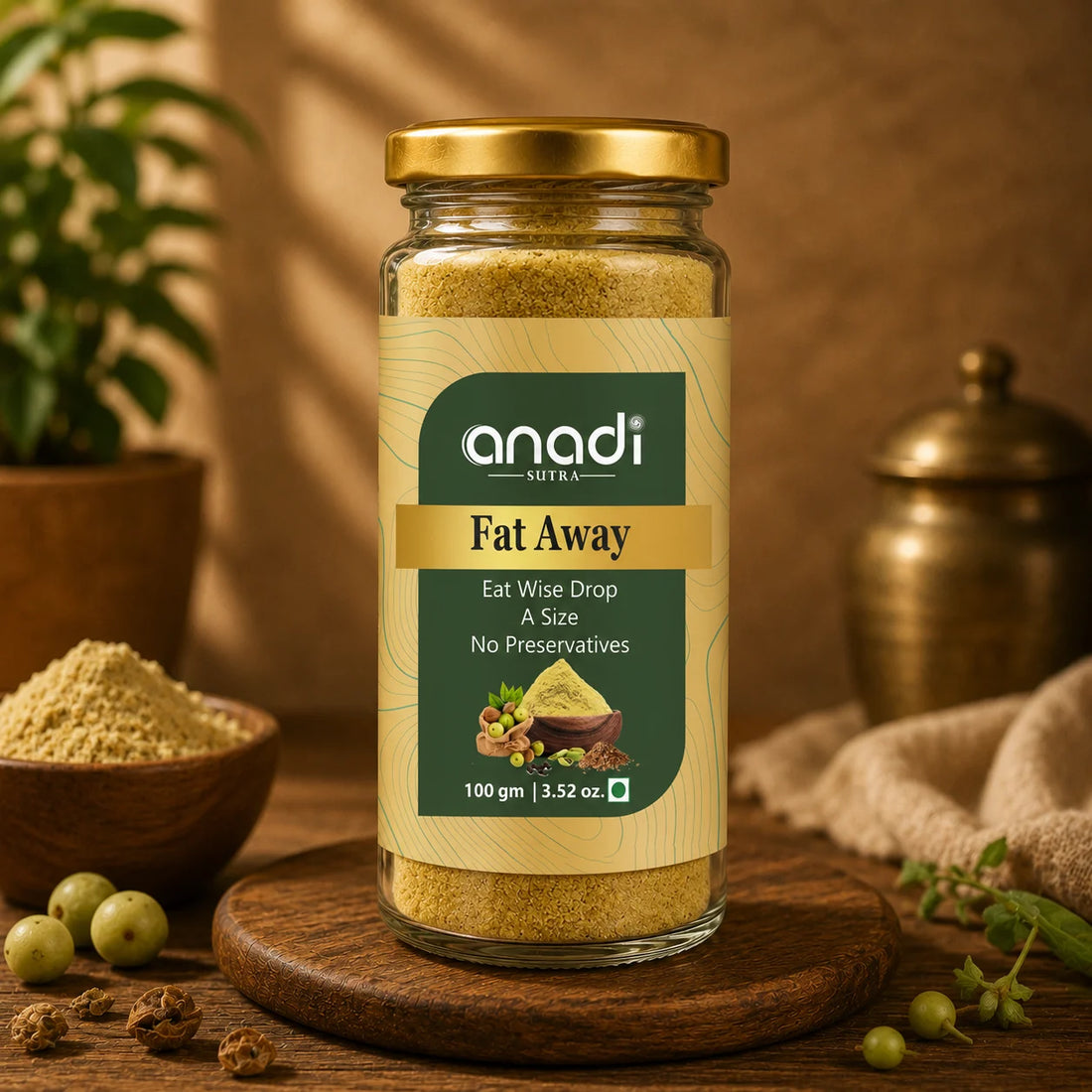 Fat Away 100 g jar with anadi label, gold lid and green front label.