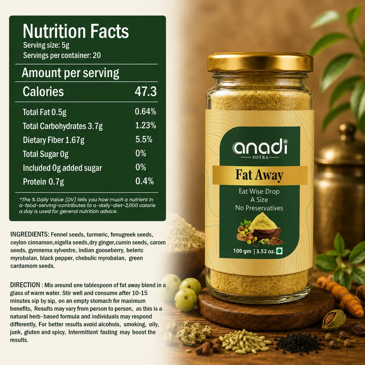 Fat Away 100 g dietary supplement in glass jar with yellow label