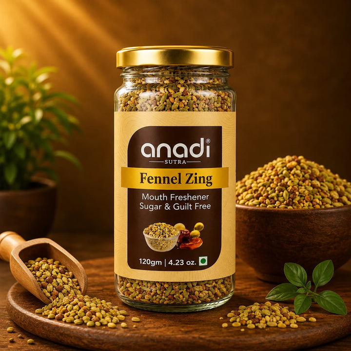 Anadi Sutra fennel mouth freshener jar with gold lid and spice-filled contents
