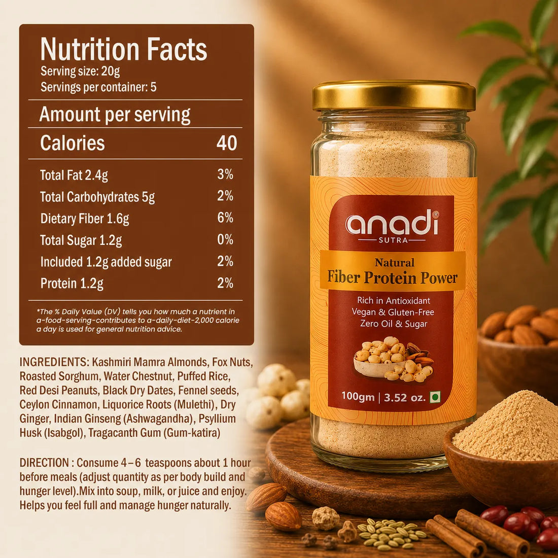 Jar of anadi Natural Fiber Protein Power powder with label and nutrition facts panel