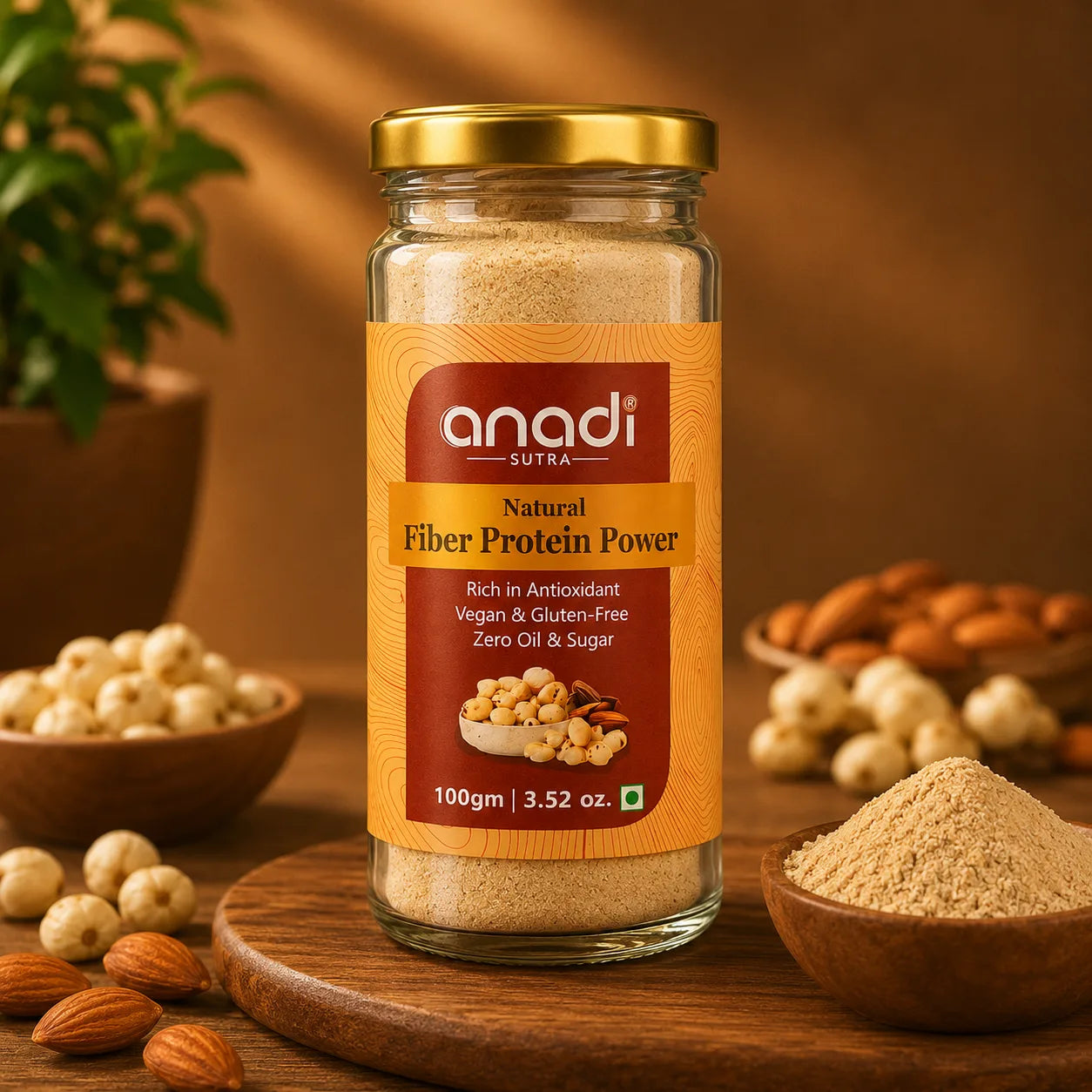 anadi Natural Fiber Protein Power powder in glass jar with gold lid, 100 g