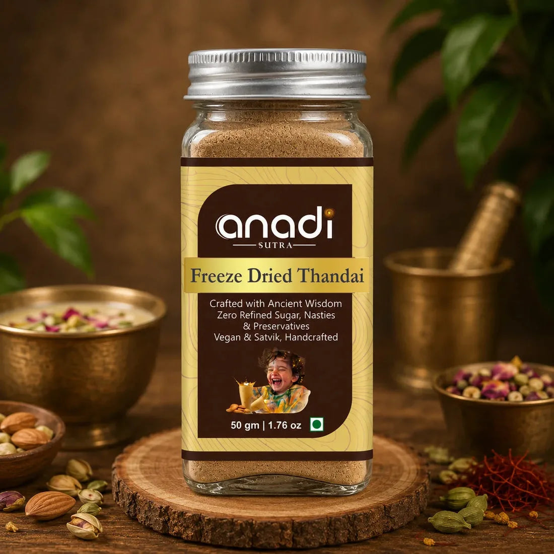 anadi sutra freeze-dried thandai in glass jar, 50 gm, powder label