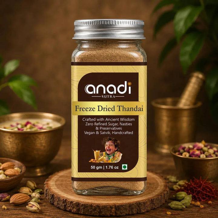 anadi sutra freeze-dried thandai in glass jar, 50 gm, powder label