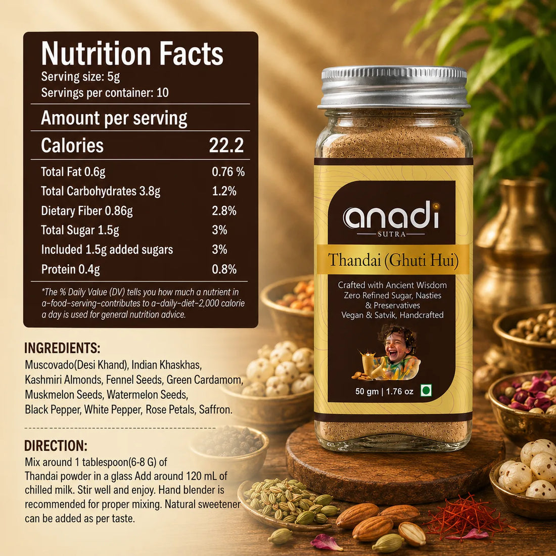 Freeze-dried thandai mix jar, 50g, with label and nutrition facts panel.