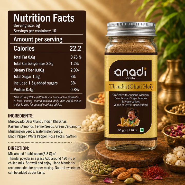Freeze-dried thandai mix jar, 50g, with label and nutrition facts panel.