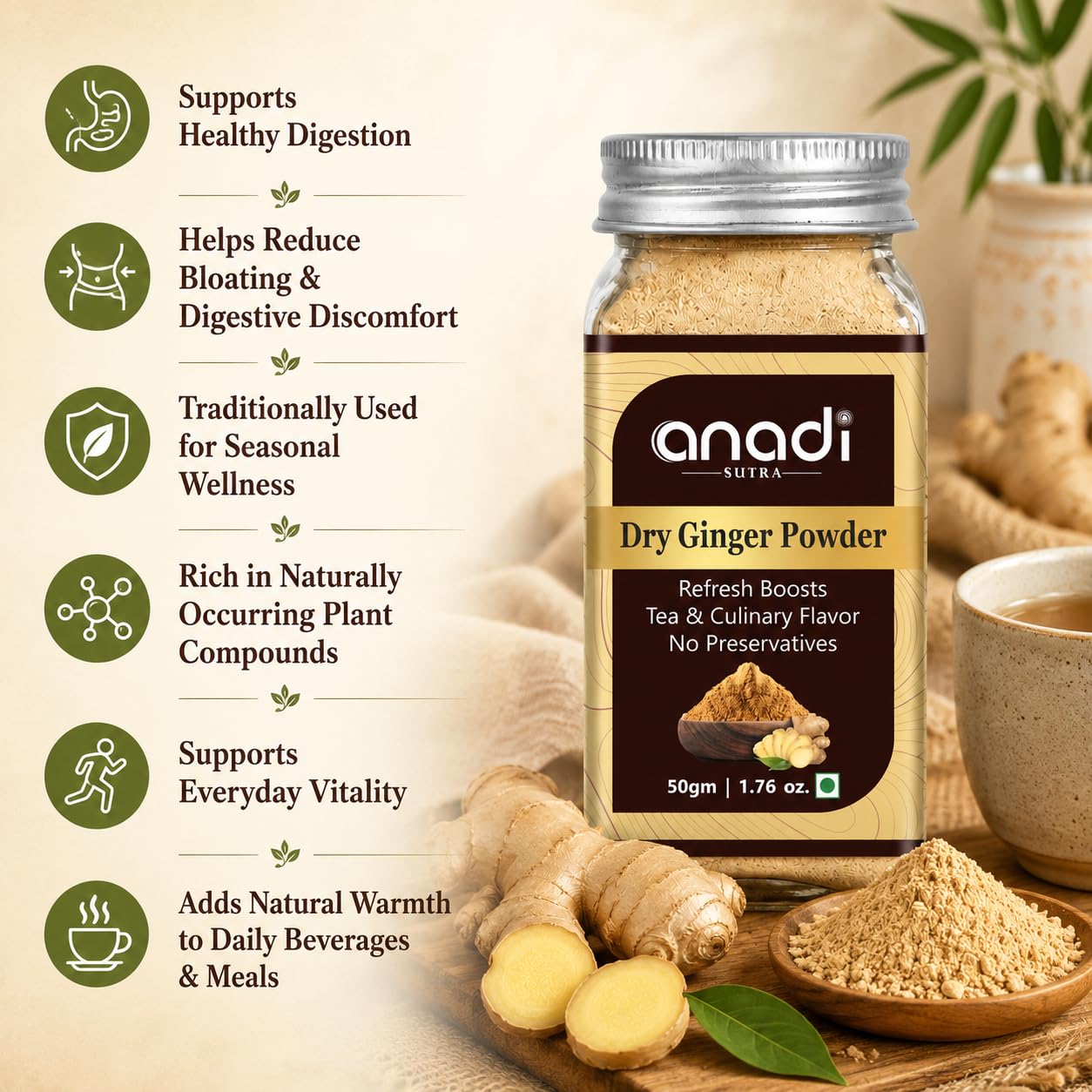 Dry ginger powder jar with fresh ginger roots and a bowl of ground powder