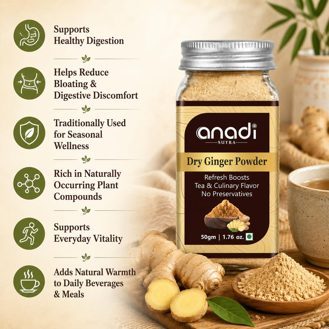 Dry ginger powder jar with fresh ginger roots and a bowl of ground powder