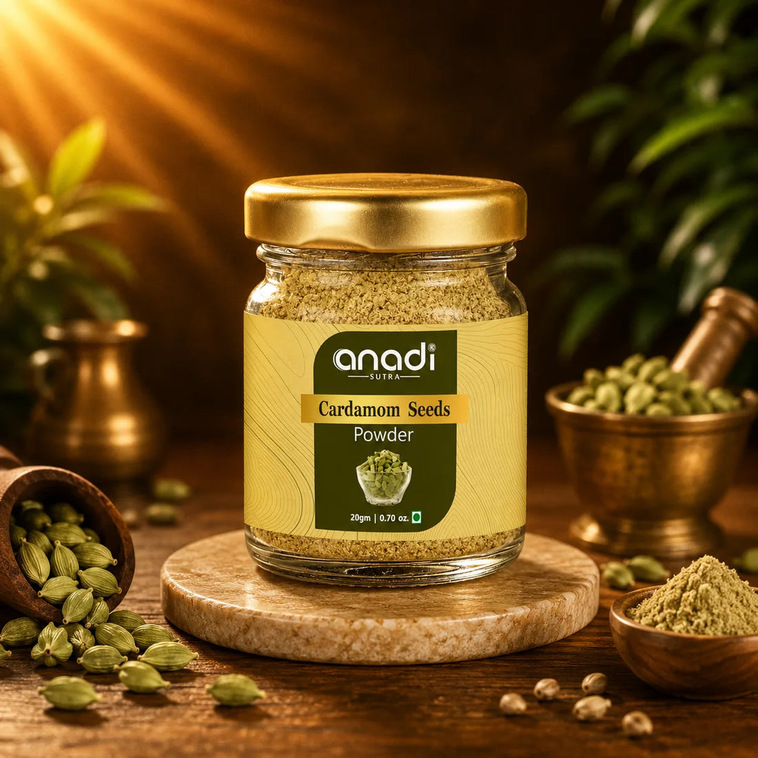 Cardamom seeds powder jar with gold lid, green seeds and ground spice on wooden surface