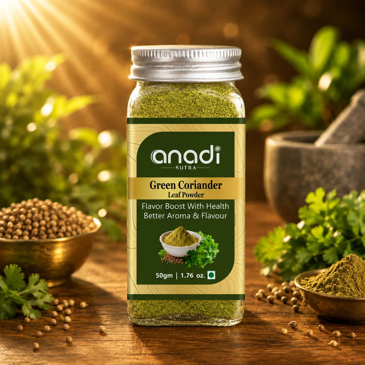 Green herb powder jar with front label, with coriander seeds and leaves on a wooden surface